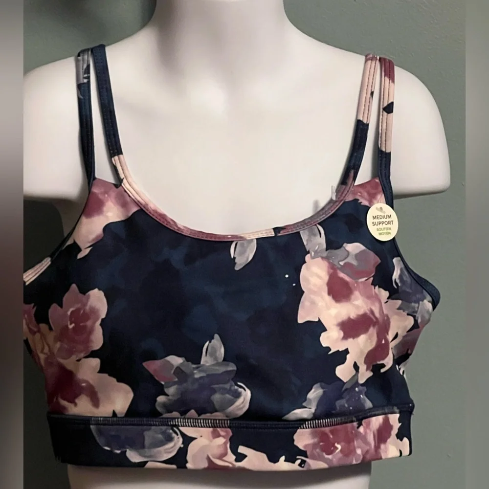 Gaiam Floral Blue Pink Purple Women's Sports Bra with Spaghetti Strap NWT